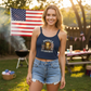 Woman in navy lion tank at BBQ